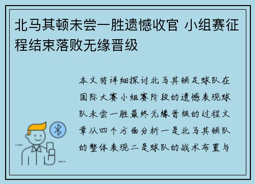北马其顿未尝一胜遗憾收官 小组赛征程结束落败无缘晋级