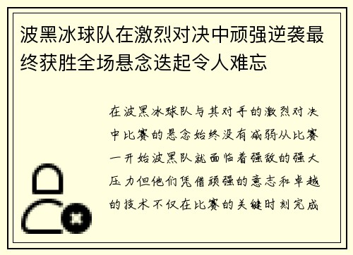 波黑冰球队在激烈对决中顽强逆袭最终获胜全场悬念迭起令人难忘