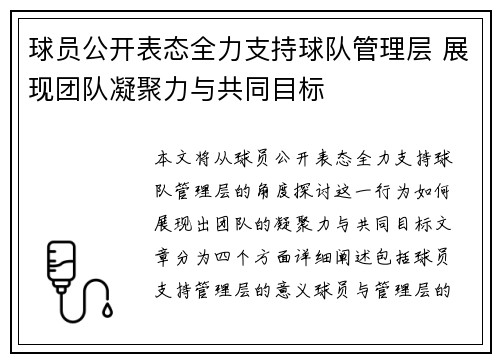 球员公开表态全力支持球队管理层 展现团队凝聚力与共同目标